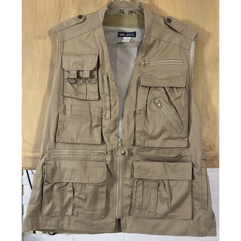 Arrow Utility Vest Mens Large Tan Khaki Multi-Pocket Fishing‎ Hiking Safari Gorp